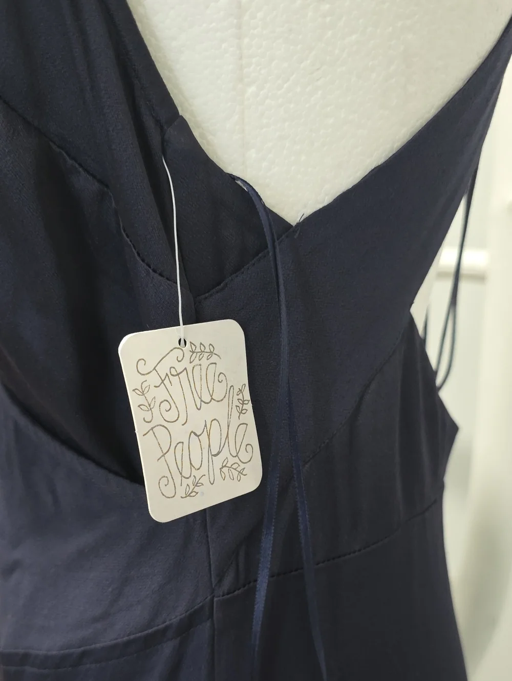 Free People Elegant Strappy Back Navy Satin Panel Super Flowy Slip Dress - Picture 6 of 12
